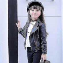 (Black, 110) Girls Pu Jacket Rivet Zipper Jacket Leather Clothing Girls 5-13 Years Old Classic Zip Leather Coat