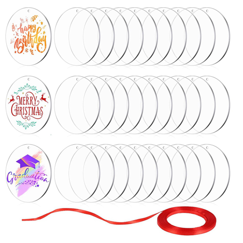 30Pcs Acrylic Blanks 2 Inch,Clear Circle Acrylic Sheet with Hole 1