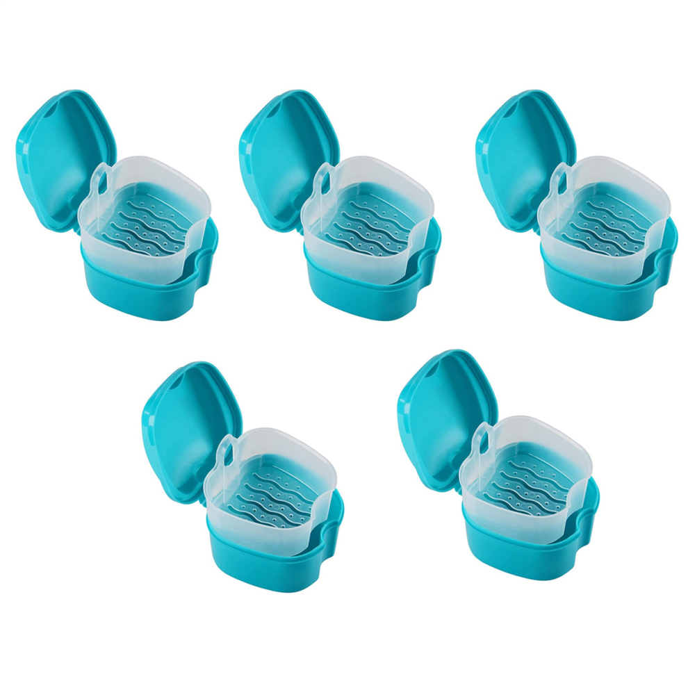 Blue Denture Case, Cup With Strainer, With Net Container Holder