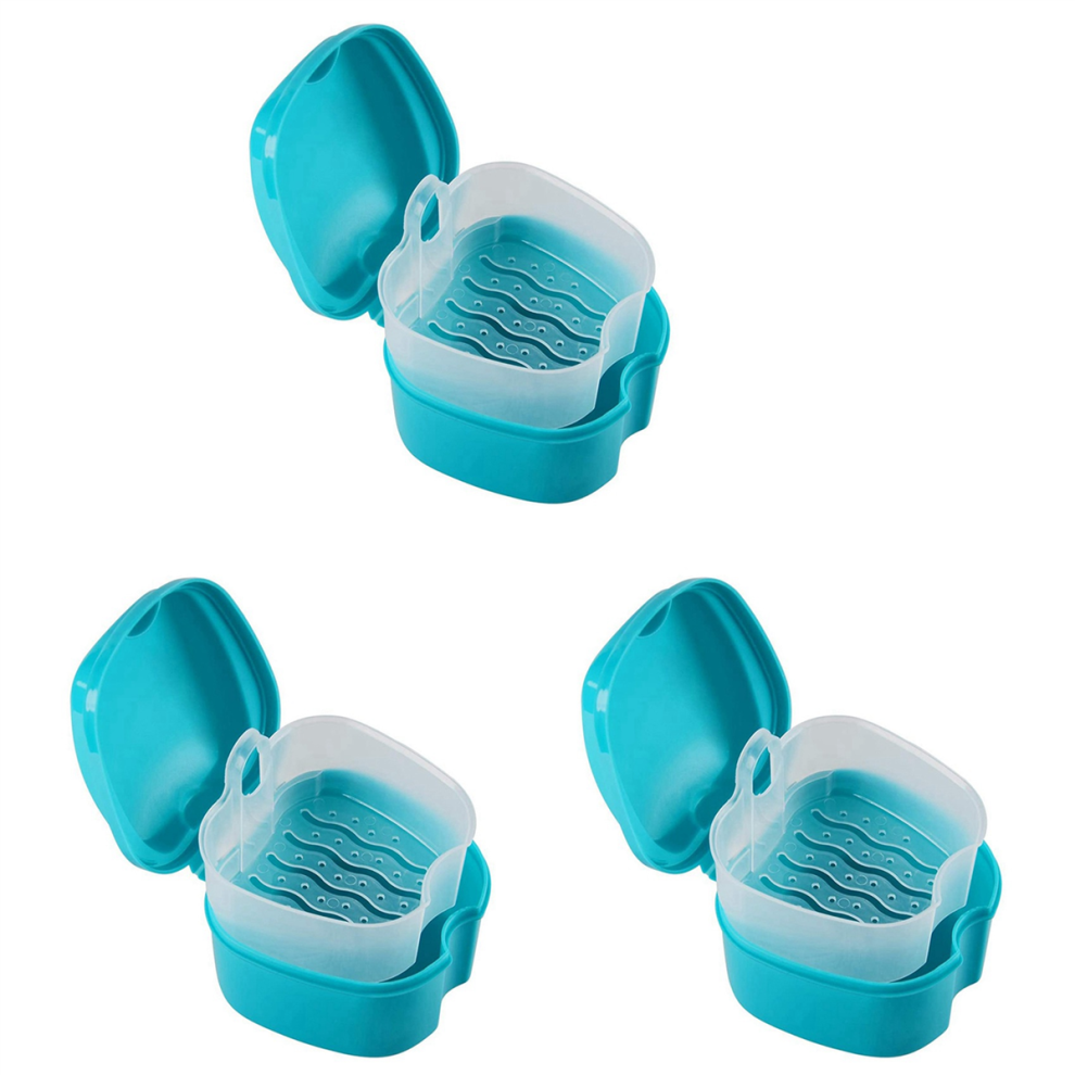 Blue Denture Case, Cup With Strainer, With Net Container Holder