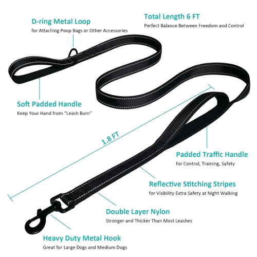 Reflective Dog Leash 6Ft Long,Traffic Padded Two Handle 1