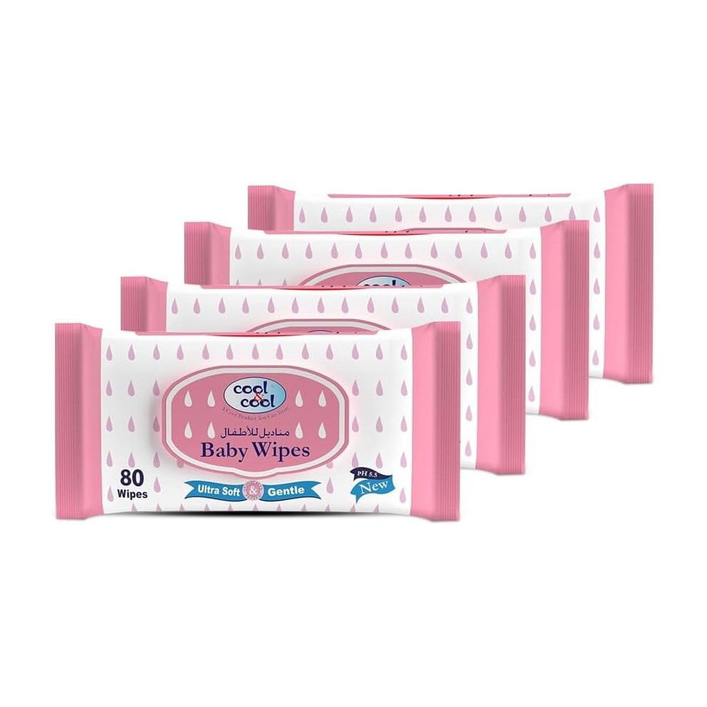 Cool & Cool Baby Wipes|Alcohol Free, Paraben Free, Vitamin E, Aloe Vera, Ultra Soft & Delicate Skin - 80's 3 + 1 Free (Pack of 4)320 Wipes