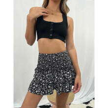 (L, Black flower) 2023 Hot Selling Womens Sexy Skirt Pleated Ruffle Printed Fashion Vintage Skirt For Ladies Vestido De Mujer Medio