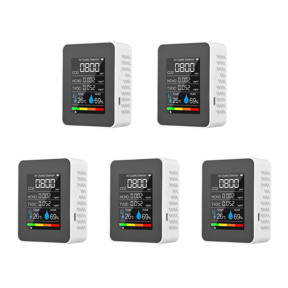 5 In 1 Air Quality Monitor, Usb Rechargeable Co2 Detector White 4712751220571