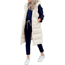(Medium, Beige) Womens Long Puffer Vest Full-zip Hooded Sleeveless Down Jacket Coats With Pockets