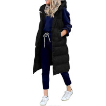 (3X-Large, Black) Womens Long Puffer Vest Full-zip Hooded Sleeveless Down Jacket Coats With Pockets