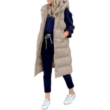 (4X-Large, Khaki) Womens Long Puffer Vest Full-zip Hooded Sleeveless Down Jacket Coats With Pockets