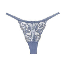(S, blue,gray) French Lace Embroidery Sexy Thong Elastic Low Waist Sexy Perspective T Pants Female