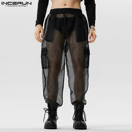 (M, green) INCERUN Mesh Men See Through Elastic Wiast Cargo Long Pants 2