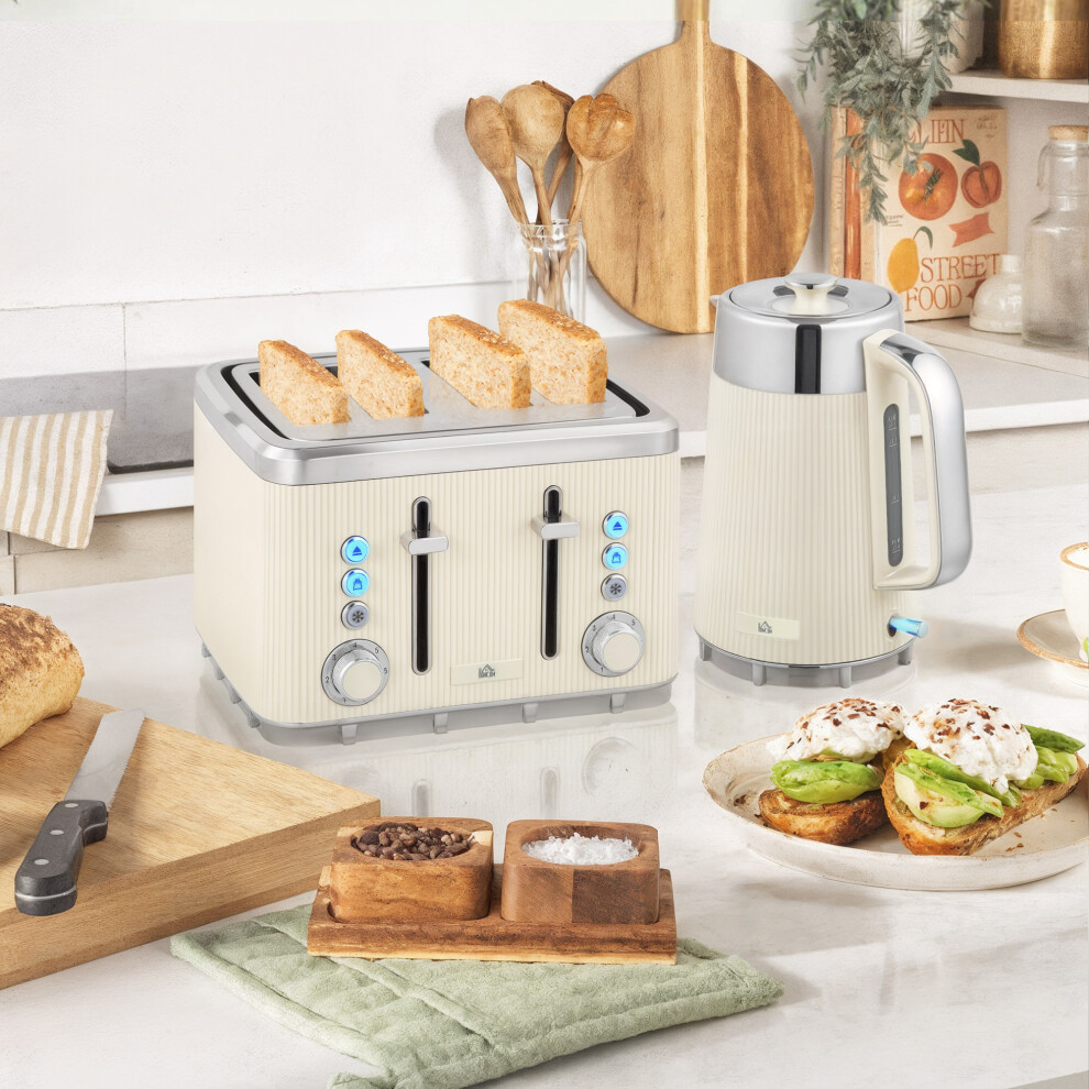 Homcom (Cream) 1.7L 3000W Rapid Boil Kettle And 4 Slice Toaster Set Crumb Tray Cream