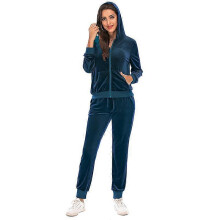 (XXL, blue) Women Sports Tracksuit Relaxed Zip Up Hoody and Jogger in Velvet Super Soft Stretch Velour Lounge Jacket Top and Bottom Set