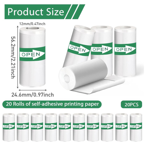 20PCS Mini Printer Paper, Self-Adhesive, Black on White, 5.7 x 2.5cm 2
