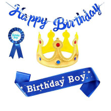 Boys' Birthday King Crown Combination (blue), Birthday Boys' Belt, Flag and Button Pins - Birthday Boys'