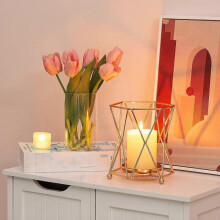 Glass Vase with Metal Geometric Stand, Gold Candlestick for Pillar Candles, 17cm High Hurricane Candlestick