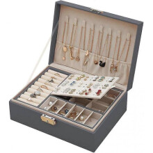 Jewelry Boxes 2 Layers Lockable Leather Jewelry Box Jewelery Organizer Small Jewelry Storage Case Storage for Rings Earrings Necklaces (Grey)