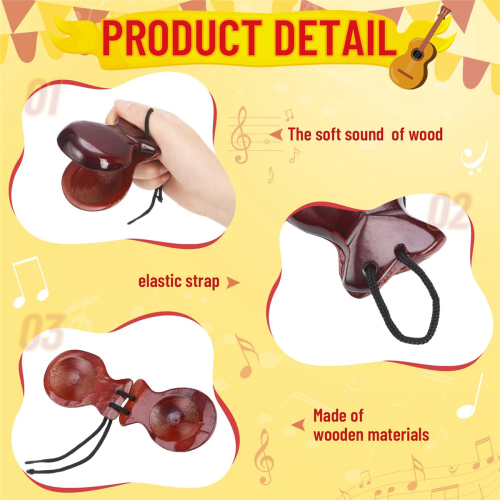 1 Pair Spanish Castanets Wood Hand Percussion Castanets(Brown) 2