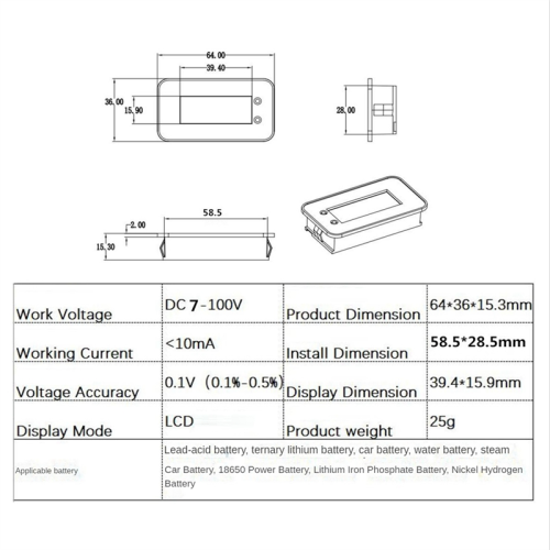 7-100V Digital Battery Capacity Tester, IPX7 Waterproof