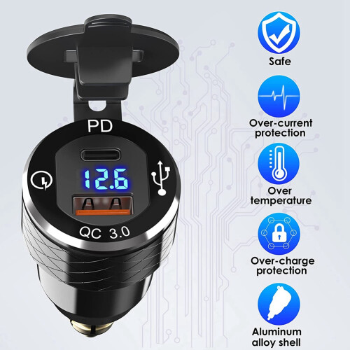 PD 3.0 Type C USB Fast Charger for 12V-24V Motorcycle 2