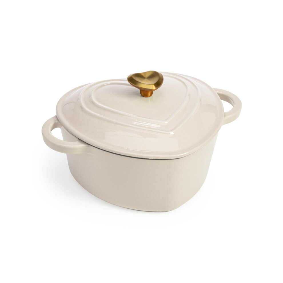 Paris Hilton Enameled Cast Iron Dutch Oven Heart-Shaped Pot with Lid Dual Handles Works on All Stovetops Oven Safe to 500F 2-Quart Cream