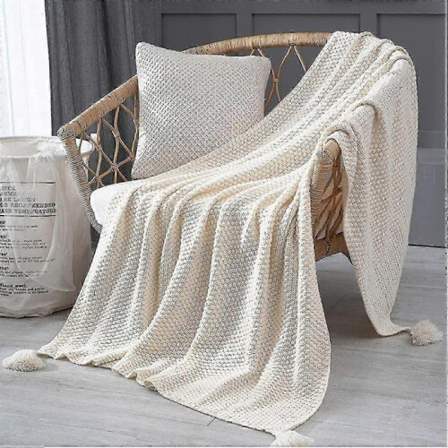 Blanket Tassel Knitted Blanket, Sofa Cushion Beige 70*100cm 2