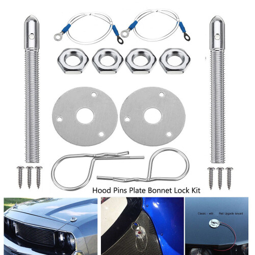 Universal Mount Bonnet Hood Pin Lock Latch Kit Racing Alloy Silver 1