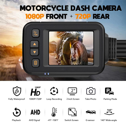 Motorcycle Dash Cam,2Inch IPS Screen 1080P+720P Dual AHD Black 1