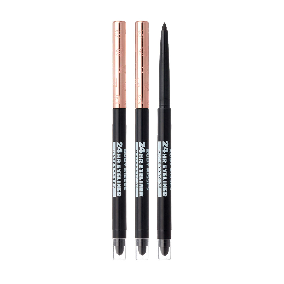 Ruby Kisses Black,Red Waterproof Eyeliner, 24Hr Waterproof Long-Lasting Mechanical Eyeliner Pencil With Built-In Sharpener, Smudgeproof 3 Pack (Blackest Black)