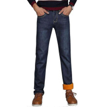 (32, dark blue) Men Winter Thermal Jeans Fleeced Lined Denim Long Pants Casual Warm Trousers for Office Travel
