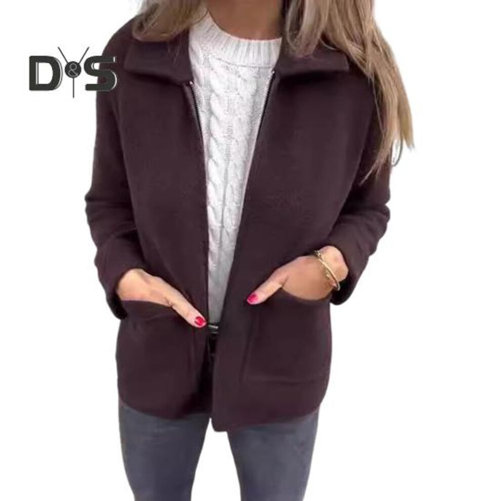 (coffee, XL) Women Jacket Turn-down Collar Pockets Solid Color Zipper Closure Loose Thermal Long Sleeved Commuting Dating Office Spring Fall Winter Coat