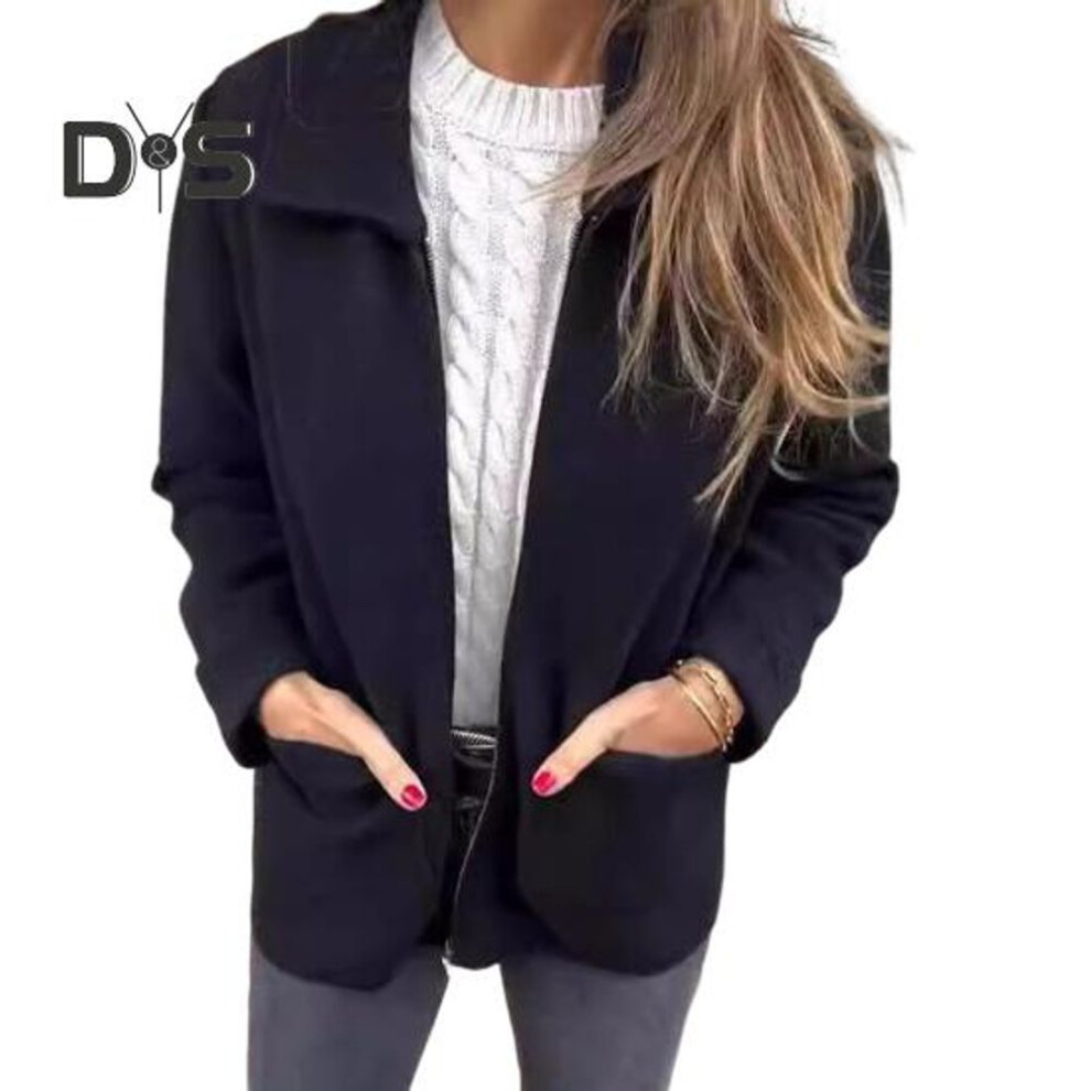 (black, XXL) Women Jacket Turn-down Collar Pockets Solid Color Zipper Closure Loose Thermal Long Sleeved Commuting Dating Office Spring Fall Winter Coat