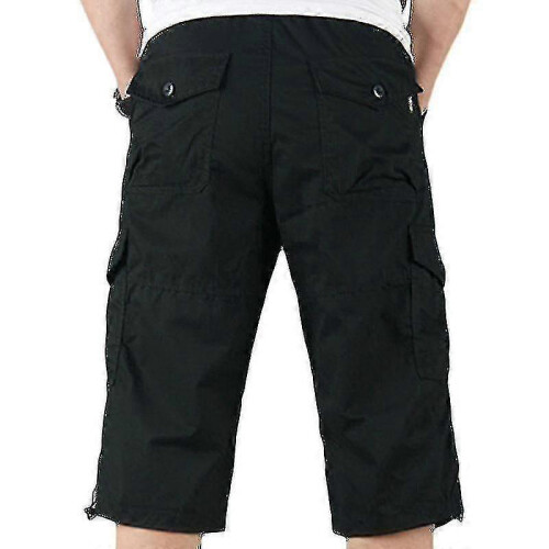 (M, Black) Mens 3/4 Long Length Elasticated Shorts Waist Cargo Combat Three Quarter Pants 1