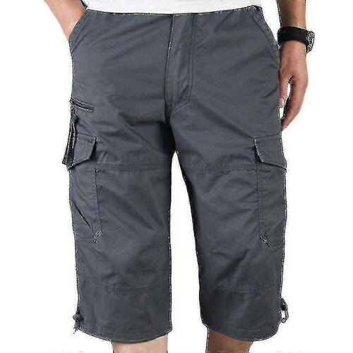 (M,Dark Grey)Mens 3/4 Long Length Elasticated Shorts Waist Cargo Combat Three Quarter Pants