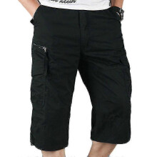 (L, Black) Mens 3/4 Long Length Elasticated Shorts Waist Cargo Combat Three Quarter Pants