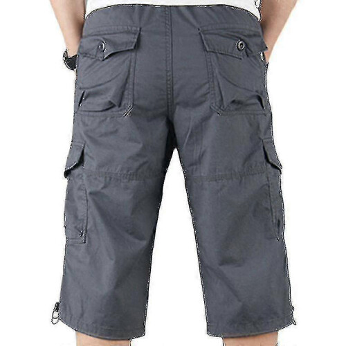 (M,Dark Grey)Mens 3/4 Long Length Elasticated Shorts Waist Cargo Combat Three Quarter Pants 2