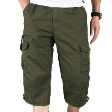 (M, Army Green) Mens 3/4 Long Length Elasticated Shorts Waist Cargo Combat Three Quarter Pants