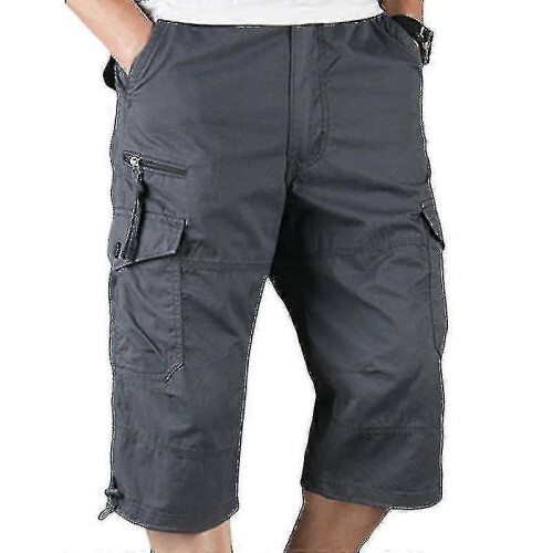 (M,Dark Grey)Mens 3/4 Long Length Elasticated Shorts Waist Cargo Combat Three Quarter Pants 1