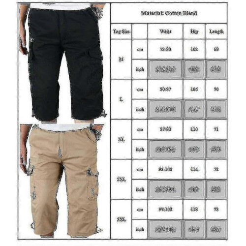 (M, Black) Mens 3/4 Long Length Elasticated Shorts Waist Cargo Combat Three Quarter Pants 2