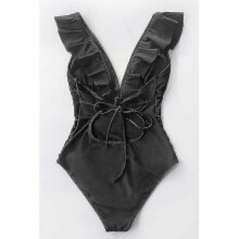 Women's V Neck One Piece Swimsuit Ruffled Lace Up Swimwear-BlackM DFA1612