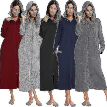 (S, Red) Women's Long Robe Hooded Bathrobe Zipper Up Duster Full Length Solid Pocket Housecoat Sleepwear
