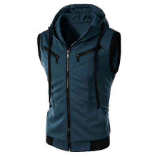 (L, Dark Blue) Men Zip Up Sleeveless Gilet Hoodie Hooded Vest Sweatshirt Jacket Waistcoat Top