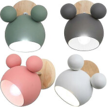 (White) Cartoon Wooden Mickey Wall Sconce Nordic Macaron Led Wall Lamp