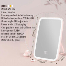 (3-color light, Pink) Rechargeable Makeup Mirror with Lights, Portable Travel Lighted Vanity Mirror, Dimmable Touch Screen Tabletop LED Make up Mirror