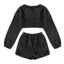 (S, Black) Women's Fuzzy Lounge Casual Pajamas Sets Long Sleeve Fleece Pullover And Shorts Pants Set 2 Piece Fluffy Loungewear Sleepwear