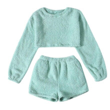 (M, Blue) Women's Fuzzy Lounge Casual Pajamas Sets Long Sleeve Fleece Pullover And Shorts Pants Set 2 Piece Fluffy Loungewear Sleepwear