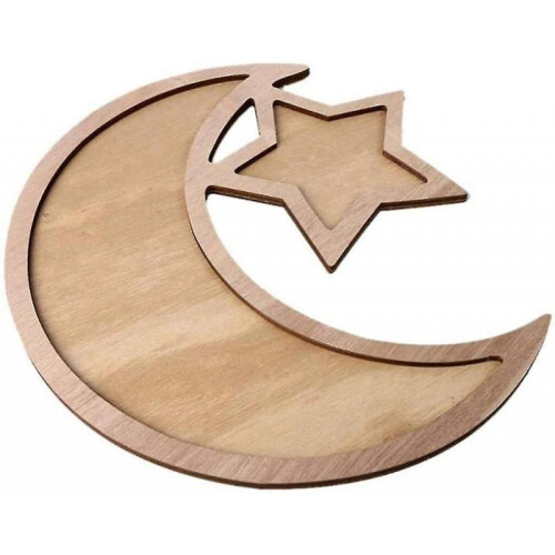 Wooden Ramadan Eid Mubarak Decorated Moon And Stars Dinner Plate