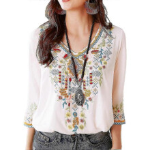 (3X-Large, White) Mexican Embroidered Shirts For Women Boho Tops And Blouses 3/4 Sleeve Bohemian Peasant Summer Fall Tunic Top