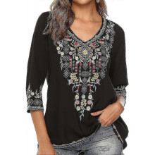 (Medium, Black) Mexican Embroidered Shirts For Women Boho Tops And Blouses 3/4 Sleeve Bohemian Peasant Summer Fall Tunic Top