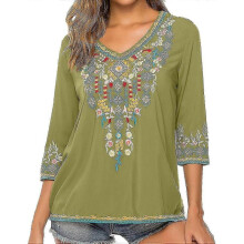 (3X-Large, Green) Mexican Embroidered Shirts For Women Boho Tops And Blouses 3/4 Sleeve Bohemian Peasant Summer Fall Tunic Top