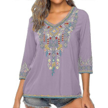 (XX-Large, Light Purple) Mexican Embroidered Shirts For Women Boho Tops And Blouses 3/4 Sleeve Bohemian Peasant Summer Fall Tunic Top