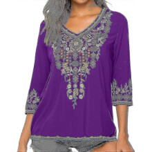 (Small, Purple) Mexican Embroidered Shirts For Women Boho Tops And Blouses 3/4 Sleeve Bohemian Peasant Summer Fall Tunic Top